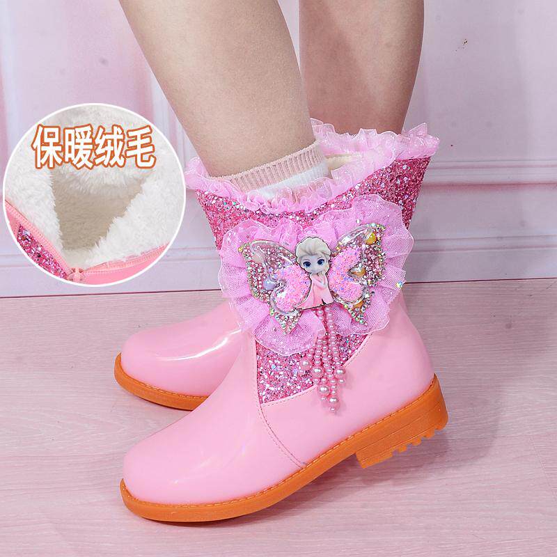 女童短靴冬季新款平跟马丁靴爱莎公主鞋加绒防滑小女孩中筒短靴子