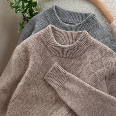 秋冬半高领纯羊毛席编加厚毛衣