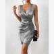 Plunge Ruched Wrap Metallic Party Dress性感V领褶皱派对连衣裙