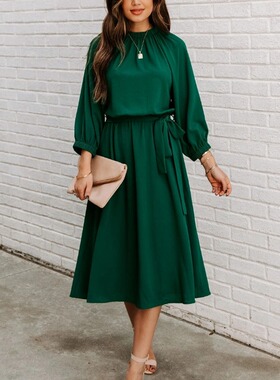 欧洲站春夏新款墨绿色圆领连肩袖大摆中长款连衣裙woman s dress