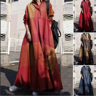 Ladies skirt棉麻复古民族风印花宽松长袖 大摆型衬衫 连衣裙 dress