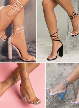 Women big plus size 42 43 crystal shoes 透明pvc 绑带高跟凉鞋