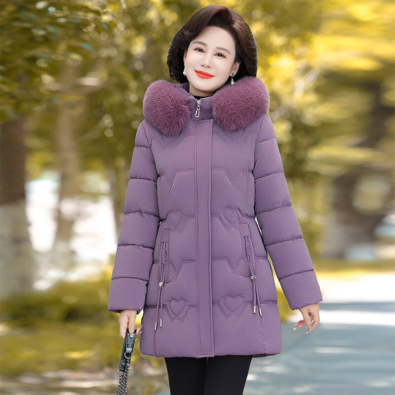妈妈冬装羽绒棉服女中长款连帽加厚保暖中老年女装洋气外套