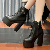 粗跟高跟鞋 15CM夜店性感防水台厚底白色皮带扣时尚 模特走秀短靴女