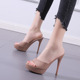 12CM夜店性感防水台漆皮鱼嘴鞋 裸色细跟凉鞋 夏季 高跟鞋 防滑女拖鞋