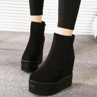 内增高马丁靴12CM秋冬新款 松糕厚底单靴防滑超高坡跟短靴 绒面女鞋