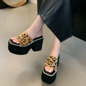 水钻增高拖鞋 11CM坡跟超高跟凉鞋 防水台松糕厚底斑马豹纹鱼嘴鞋 女
