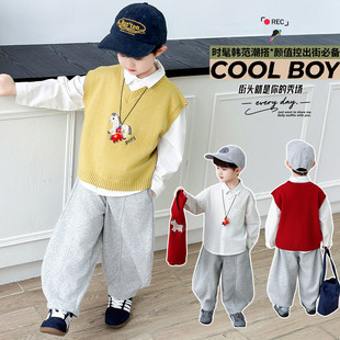 男童春秋运动套装儿童春季休闲风马甲衬衫长裤三件套小童男孩春装