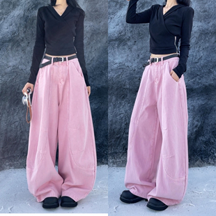 55366爆款宽松牛仔裤女2026年春季新款时尚帅气粉色女裤长裤子