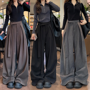 (现货)显瘦垂感宽松西裤女2025秋季新款薄呢料高腰绑带阔腿裤