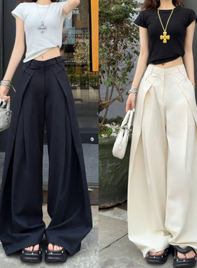 （现货）21199气质简约大阔腿裤女2025年高腰遮肉捏褶A版西裤女