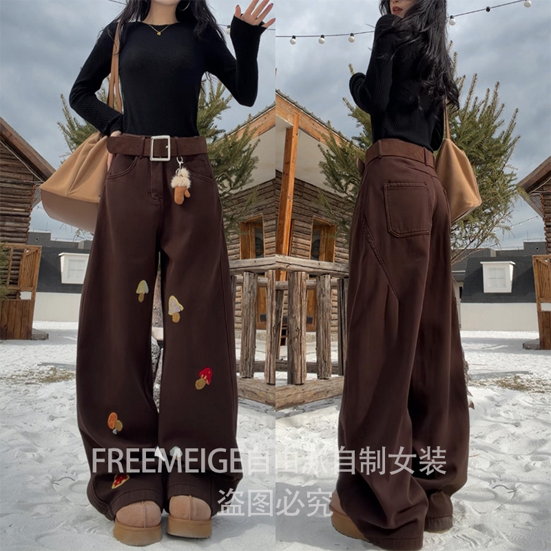 55588毛巾绣蘑菇加绒牛仔裤2025年冬季直筒显瘦复古高腰保暖长裤