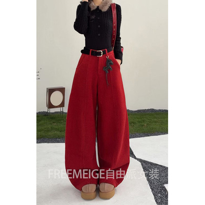 56221呢料加厚保暖休闲裤2026年新款直筒宽松遮肉百搭直筒弯刀裤