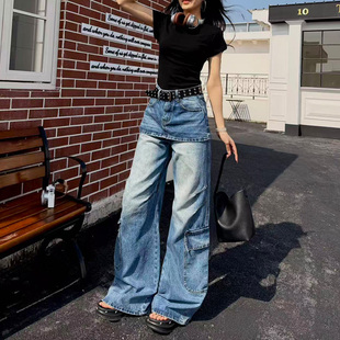 26112假两件套裙裤工装裤2026年春夏新款洗水渐变个性直筒牛仔裤