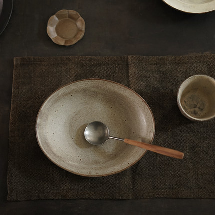 禾下｜灰釉椭圆盘 餐盘 手作复古食器 手工陶器