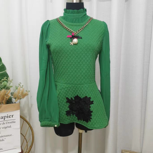 捡漏春秋季玫红色墨绿色长袖雪纺衬衫拼接立体花休闲鱼尾小众时尚