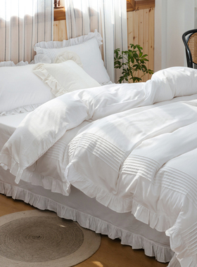 外贸尾单纯棉被套单件全棉被罩四件套1.5m1.8m床白色公主风床品