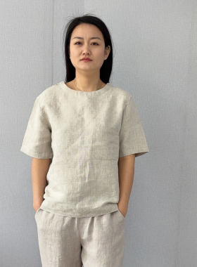 出口外单100%纯汉麻圆领短袖T恤夏季女士极简风吸湿排汗透气上衣