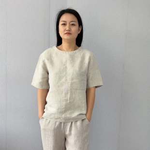 出口外单100%纯汉麻圆领短袖T恤夏季女士极简风吸湿排汗透气上衣