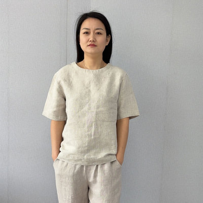 出口外单100%纯汉麻圆领短袖T恤夏季女士极简风吸湿排汗透气上衣