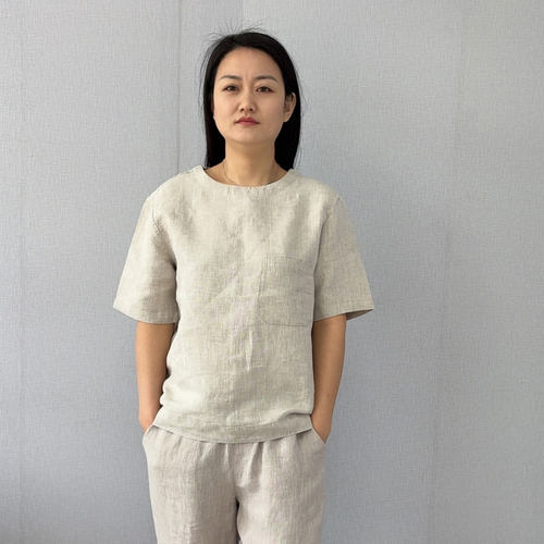 出口外单100%纯汉麻圆领短袖T恤夏季女士极简风吸湿排汗透气上衣