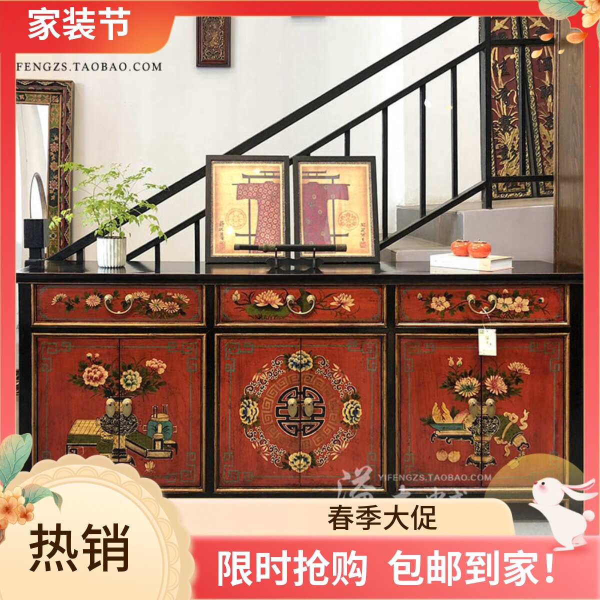 明清仿古玄关柜中式原创彩绘六门大容量鞋柜做旧复古客厅餐边酒柜