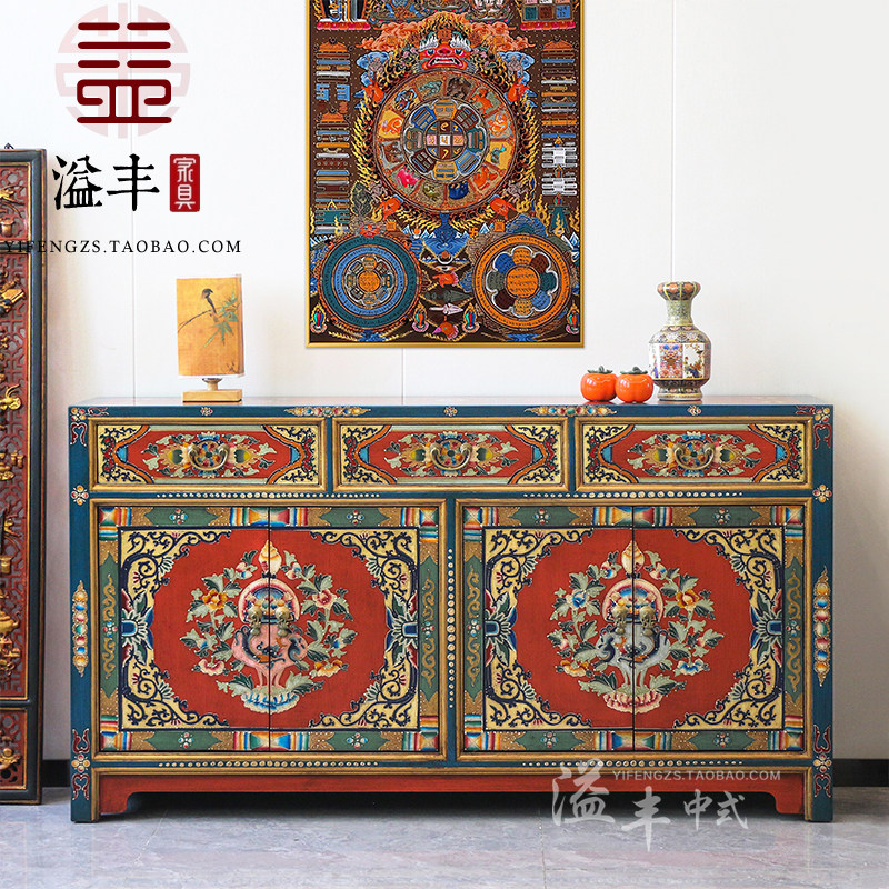 彩绘玄关柜新古典家具实木手绘西藏式鞋柜中式复古做旧餐边柜酒柜