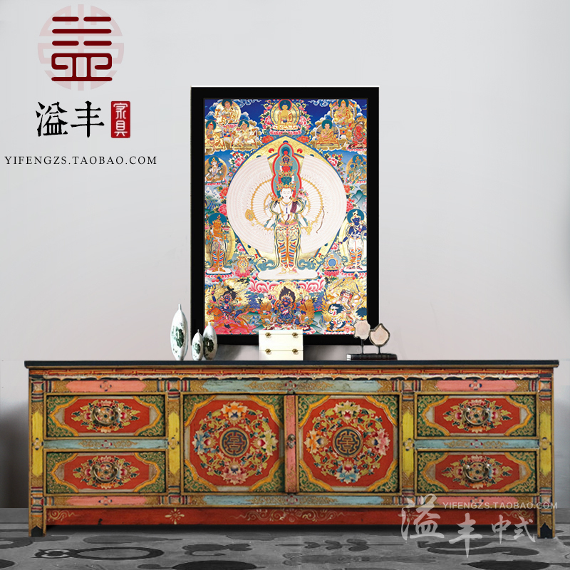 新中式电视柜彩绘客厅影视柜实木手绘复古典做旧玄关储物矮柜装饰