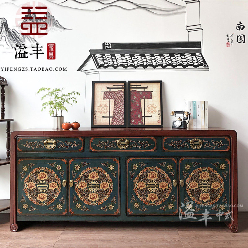 新中式仿古家具实木彩绘客厅隔断门厅玄关柜手绘复古鞋柜装饰边柜