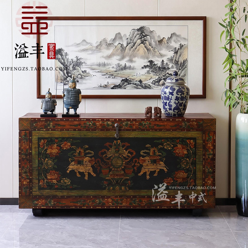 藏式彩绘太平象木箱复古彩绘实木储物收纳箱吉祥纹样复古装饰家具
