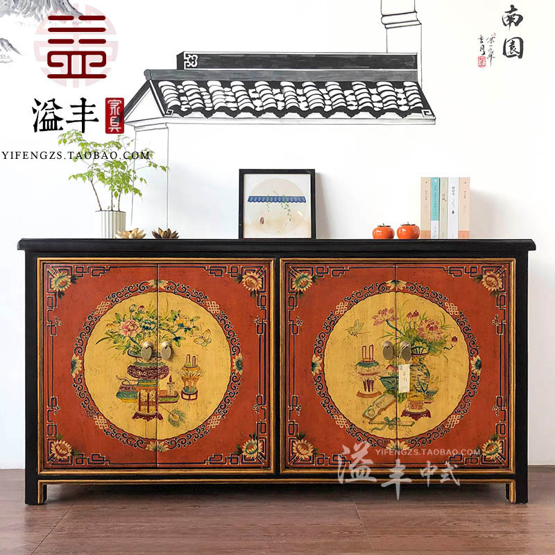 新中式入户鞋柜明清仿古典玄关柜复古实木彩绘储物装饰柜原创手绘