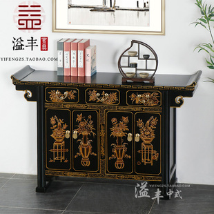 新中式 柜 仿古家具实木描金翘头储物玄关柜入户黑色做旧复古装 饰鞋