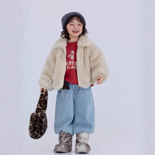 糖豆儿童毛毛夹克外套2025冬装新款韩版男女童加厚夹棉仿皮草大衣