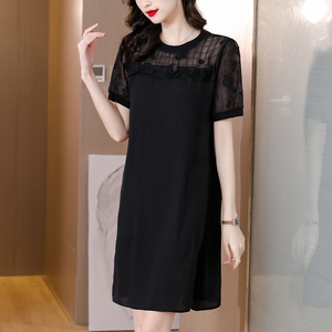 RM6411#黑色短袖连衣裙女夏季 中年妈妈气质显瘦大码宽松雪纺裙子