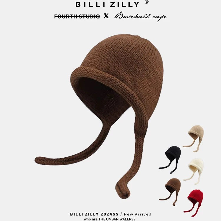 日系卷边针织雷锋帽女秋冬百搭保暖护耳毛线帽子显脸小绑带套头帽