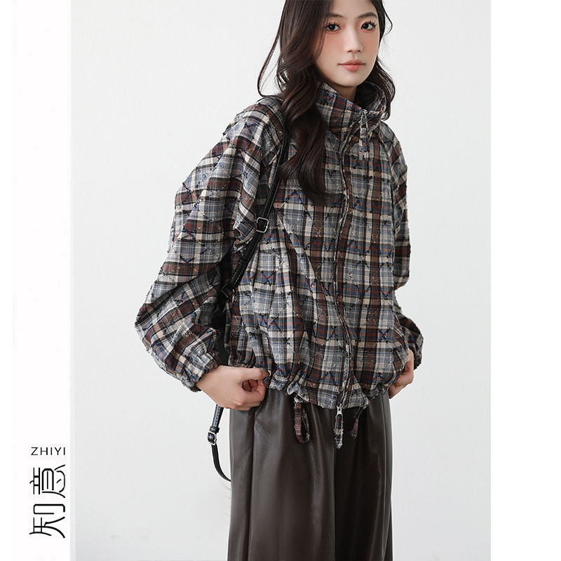 复古格纹立领夹克外套女