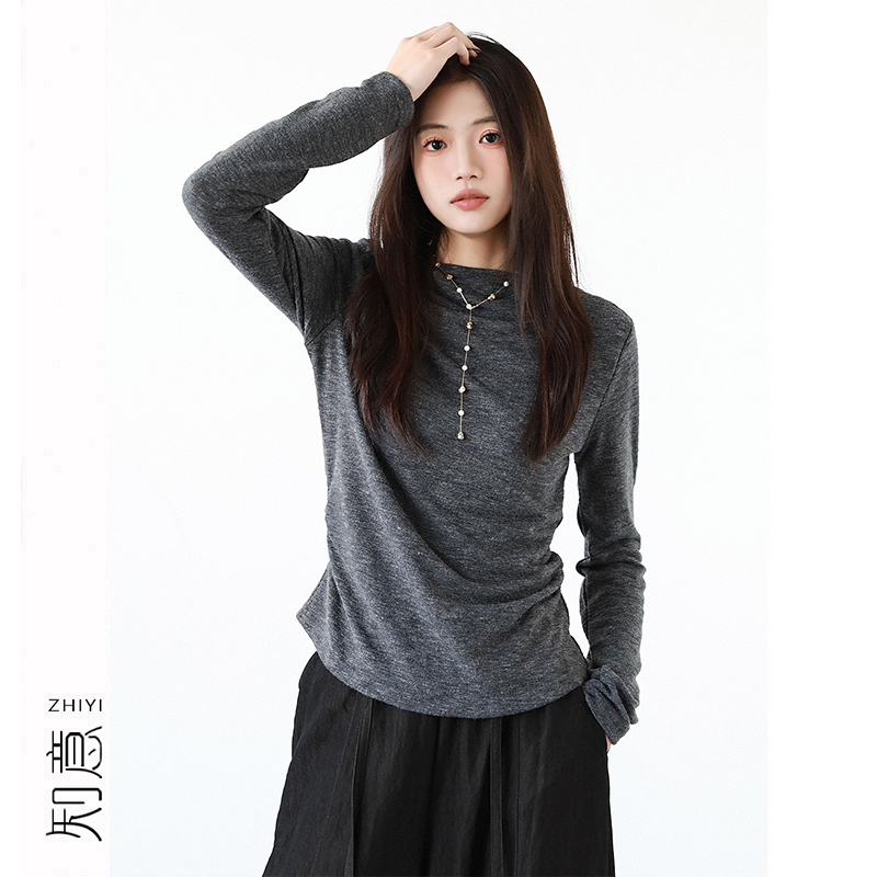 高级感气质半高领褶皱收腰打底衫
