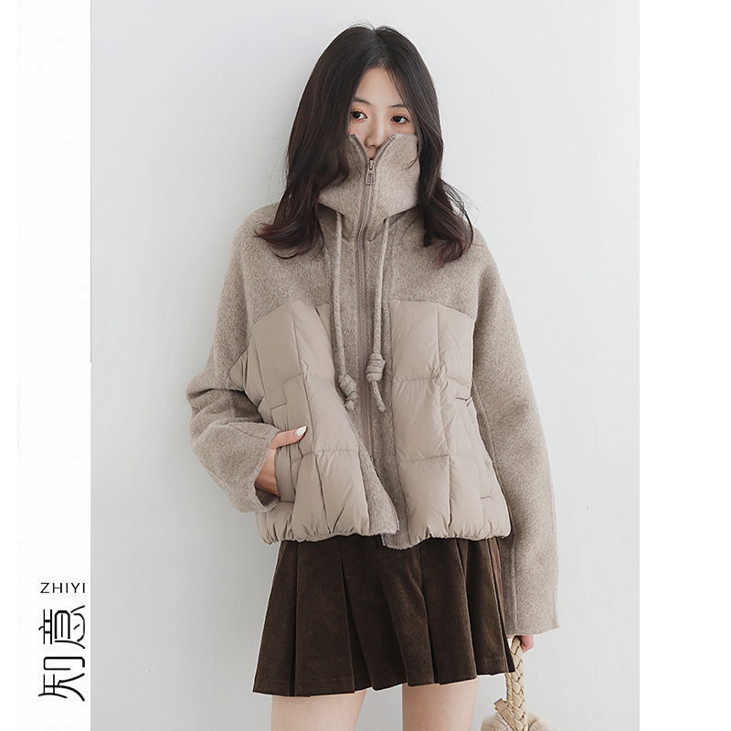 娃娃领甜美羊毛拼接羽绒短款外套