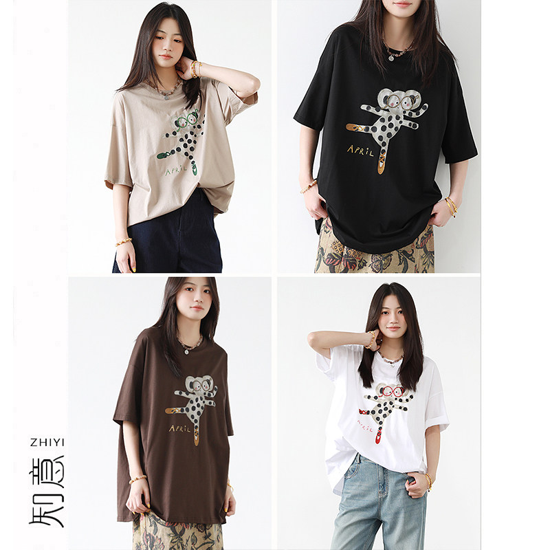 韩系减龄珠绣大象印花T恤女