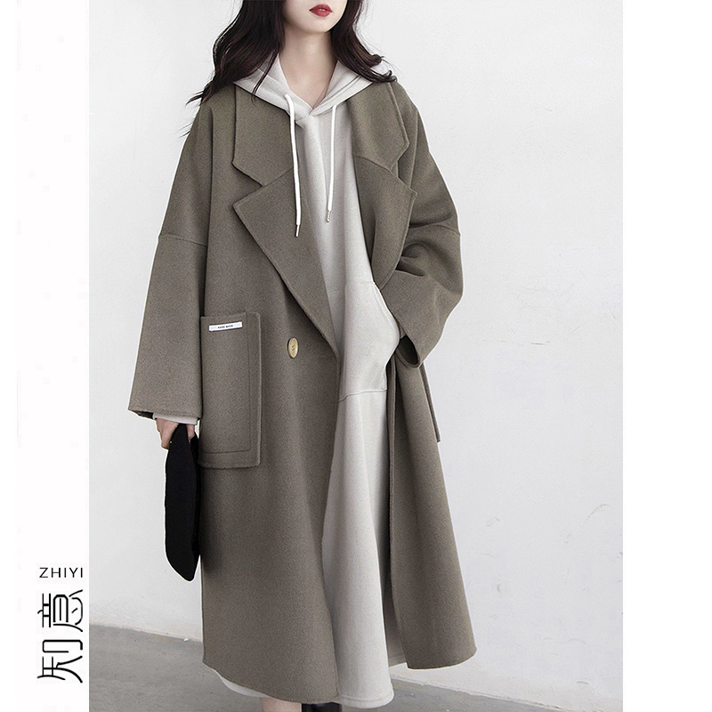100%羊毛长款通勤口袋双面呢大衣