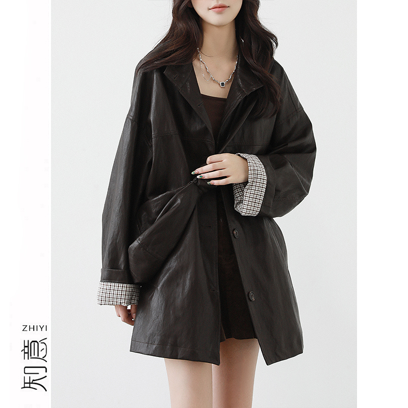 复古立领拼接格纹蛋白皮皮衣外套