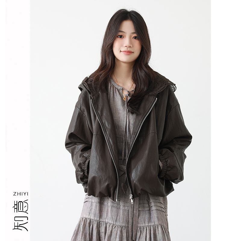 PU蛋白皮连帽皮衣夹克女