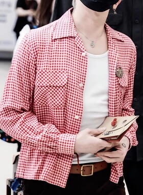 权志龙同款红白格纹翻领长袖衬衣2025春夏休闲时尚轻奢韩版衬衫潮