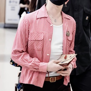 权志龙同款红白格纹翻领长袖衬衣2025春夏休闲时尚轻奢韩版衬衫潮