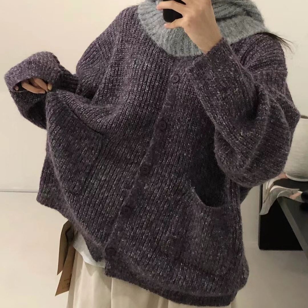 大7女秋大口袋韩版宽松大码胖mm慵懒松弛风圆领针织毛衣开衫外套
