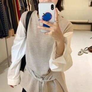 大7女装秋冬新品韩版宽松大码胖mm假2件针织拼接长袖绑带衬衫上衣