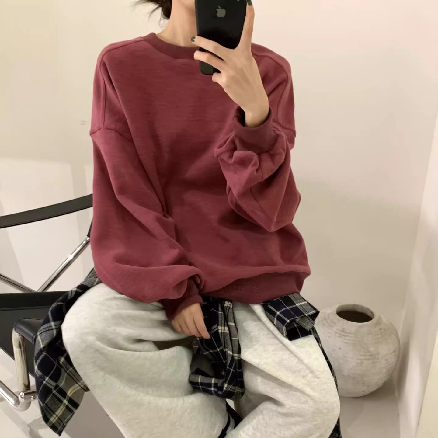 大7女装78328秋冬宽松大码胖mm慵懒休闲风百搭螺纹圆领套头卫衣潮