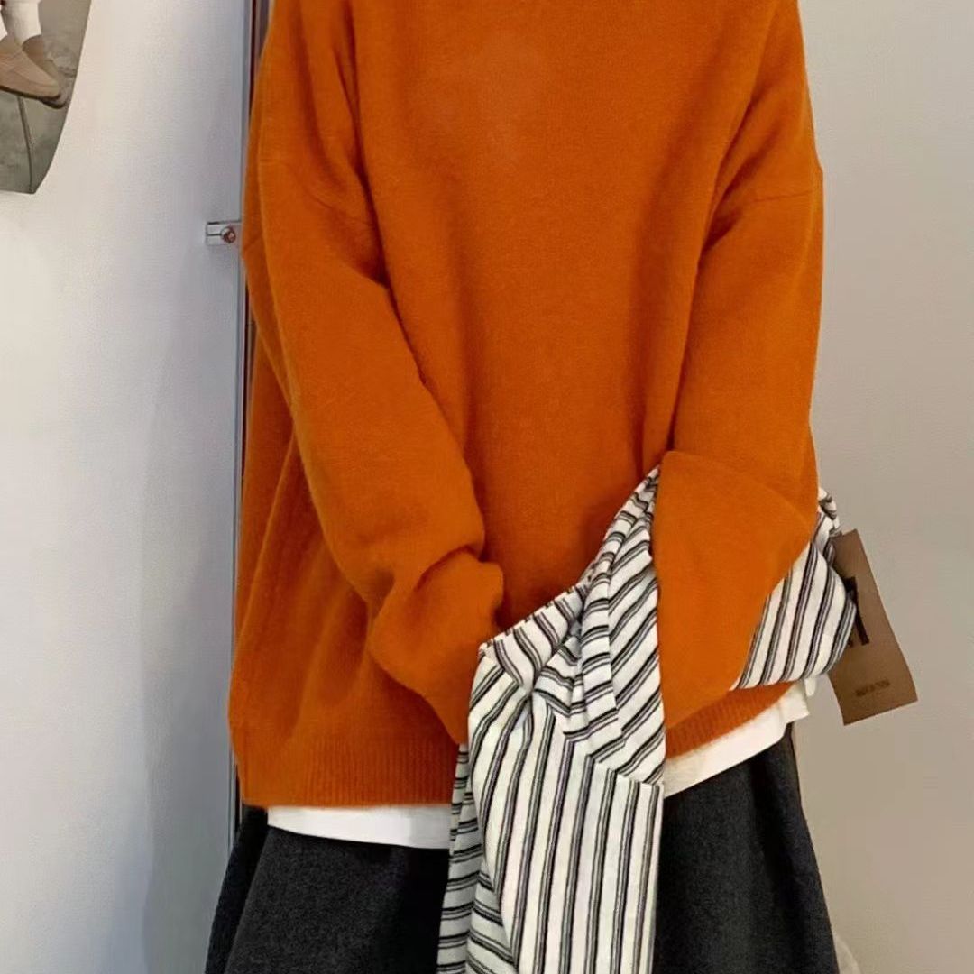 大7女装M12622秋冬软糯宽松大码胖mm慵懒休闲风圆领纯色针织毛衣