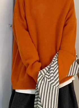 大7女装M12622秋冬软糯宽松大码胖mm慵懒休闲风圆领纯色针织毛衣