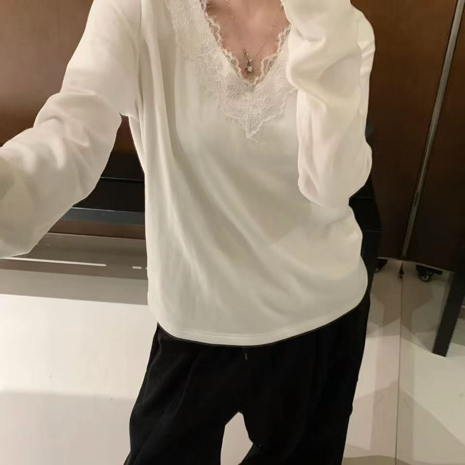 大7女78517冬时尚宽松大码胖mm慵懒松弛风蕾丝拼接V领打底衫上衣